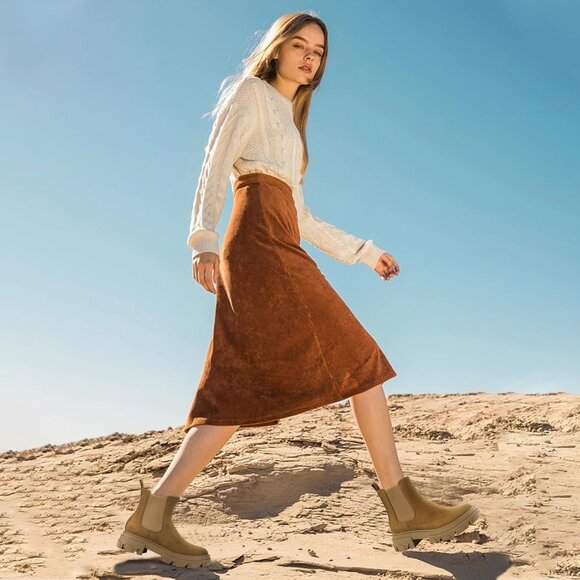 Brown Women's Chelsea Ankle Booties - Comfortable Slip-On with Lug Sole & Heel - Picture 4 of 7